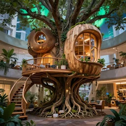 urban atriums hyperdetailed hyperrealistic tree house, roots growing from bottom to ceiling, wooden modern decoration, staircases, tree branches instead of walls, cluttered with furniture and books, plants, moss, voronoi, frank gehry style, aurora borealis, unreal engine 5, octane render, organic shaped windows, volumetric lighting, photogrammetry, dezeen, vray, hyperrealism