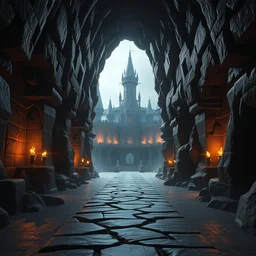 wide angle architecture photography of massive dark otherworldly fantasy castle!!!, pathway through abstract portal cave exit to otherworldly castle, torches on cave walls, high sci - fi fantasy, cryengine 8 k render, artwork by world of warcraft mass effect dnd overwatch dark souls, moody light 6, warm color palette