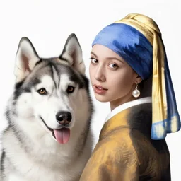 girl with a pearl earring but as a siberian husky dog, white background, detailed face