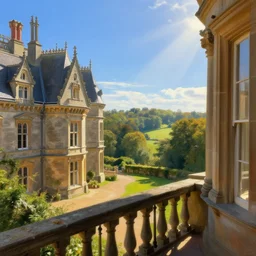 view from a victorian manor house balcony overlooking a forest valley, highly detailed, architecture, sunny, blue sky, cinematic lighting, highly angle, godrays, volumetric, digital art painting by greg rutkowski