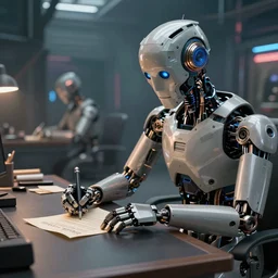 a stunning ultra detailed fantasy fine art photo of a robot from ex machina movie writing a letter, by tom bagshaw, wlop and artgerm, wide angle, deep depth of field, cyberpunk, artstation, 8 k
