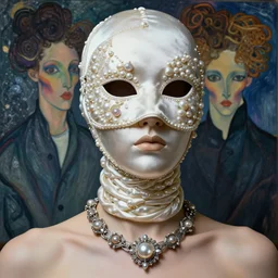 a beautiful futuristic portrait covered by mask made of pearl and silk twisted around neck, necklace made by wires, design by leonardo davinci, inspired by egon schiele, modern art, baroque art jewelry, new classic, hyper realistic, cinematic composition, cinematic lighting, fashion design, concept art, hdri, 4 k -