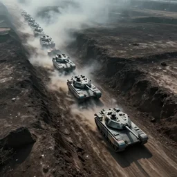 an aerial photo of a convoy of futuristic tanks riding in a long line into a smoky hole in the ground, moody cinematic light