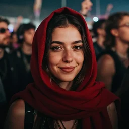 a ultra high resolution close - up of a beautiful young woman standing in crowd of psytrance music festival at night, looking down at the camera. her face is partially obscured by a red scarf, and she has a smiling expression. the light is dim, and the colours are muted. kodak etkar 8 0 0, 8 0 mm lens, close up view, grainy image