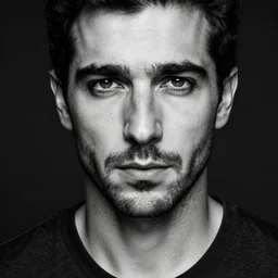 black and white close - up portrait shot, studio photograph of a male symmetrical handsome andrea belluci the painter artist, casual clothes, anxiety and depression, intricate, elegant, highly detailed, hyper realistic, dark background, flickr, smooth, 4 k, 3 0 0 dpi, sharp focus, shot by canon