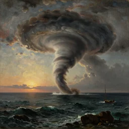 1 9 th century historical painting representing tornado on the sea, dramatic sunrise, high quality, hermitage museum catalog,
