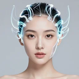 very beautiful woman, full face frontal centered, portrait, detailed intricate symmetrical ornate neon cables connected to head, clear lips, luxurious hair, sophisticated abundent wiring and implants, translucent, porcelain, fractal, sci - fi, dramatic lighting, photography, highly detailed, trending on artstation, deviantart, 8 k, by chie yoshii