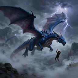 flying dark blue dragon with captured person, mist, dark, fog, lightning and thunder, mountains in background, detailed digital painting, dungeons and dragons, trending artstation