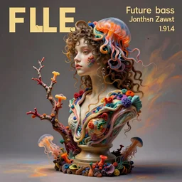 flume and former cover art future bass girl un wrapped statue bust curls of hair petite lush side view body fungi photography model full body untouched art contrast vibrant branch futuristic fabric only skin jellyfish material style of Jonathan Zawada, Thisset colours simple background objective