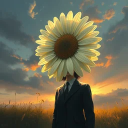 giant daisy flower head, frontal, girl in a suit, surreal photography, sunrise, dramatic light, impressionist painting, digital painting, artstation, simon stalenhag