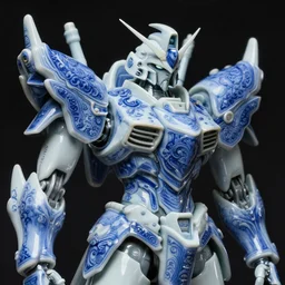 a dark baroque close - up portrait of an ornate blue and white porcelain mecha made out of white vitrified translucent ceramic ; china. reflective detailed textures. gloomy black background. highly detailed fantasy science fiction painting by moebius, norman rockwell, frank frazetta, and syd mead. rich colors, high contrast. artstation