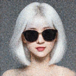 portrait photo of a lovely girl wearing a sunglasses, white shoulder length short hair, studio lighting