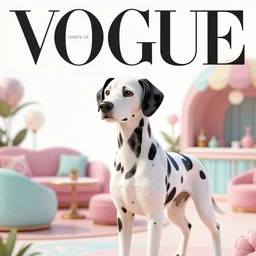 vogue photoshoot octane render of 1 0 1 dalmatian with white background, focus bright colorful pastel exotic vintage boutique hotel lounge, very short depth of field, bokeh