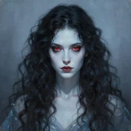 a portrait of a ice queen with long dark curly hair and red eyes, stoic, pale skin, alone dramatic, epic painting, painted by wlop, cgsociety, beautiful, semirealism, artbreeder, artstation, octane render, sharpness, 8 k, golden ratio