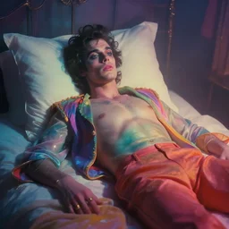 a technicolour dream sequence of prince in bed dreaming, lighting by delphin enjolras, make up by grace jones, artstation, hazy