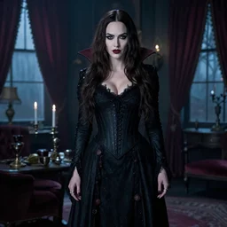 megan fox posing as a vampire in gothic clothing in an dark gothic apartment - n 4