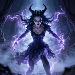 photorealistic full shot of angry darkness anime girl, electric aura, inspired by tim burton, detailed, unreal engine 4 k, volumetric light, fog