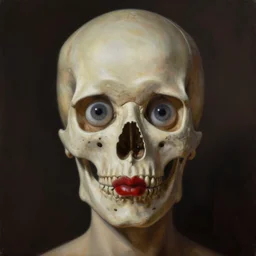 a surrealistic head and shoulder painting of a gorgeous human skull with eyeballs and red lipstick, in the style of rene magritte and zdzislaw beksinski and mark ryden, digital art, detailed masterpiece