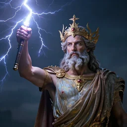 zeus god of the sky holding the lightings + older man with a beard + father of all gods and humans + beautiful face and pretty face + intricate complexity, rule of thirds, style by artgerm, dramatic lighting