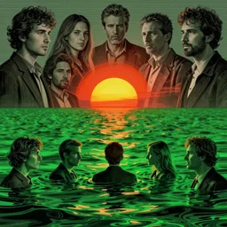 the sun rising just above the horizon over the sea by josan gonzalez and tim hildebrandt and zdzisław beksinski and ted withers and gil elvgren and peter driben and greg rutkowski and roberto ferri, green water, synthwave, retrowave, highly detailed, high contrast, intricate details, blended palette, trending on art station, stunning visuals, creative, cinematic
