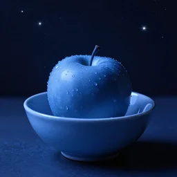 blue apple in a fruit bowl on a starry night
