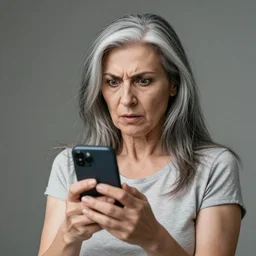 astonished middle aged lady looking at smartphone angrily, wild hair, greek ethnicity, straight grey hair, angry eyes,