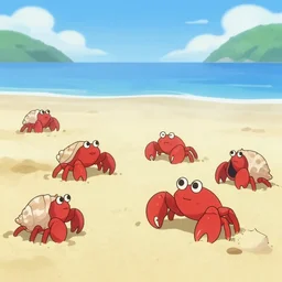 several red cute hermit crabs on sandy beach, japanese cartoon style