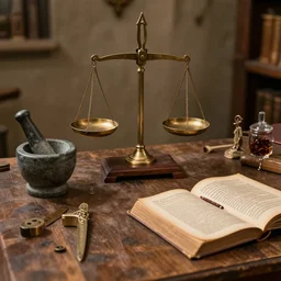 table, wizards laboratory, mortar, pestle, scales, magic book, tony sart