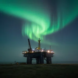 the fog was hazy. the night of the northern lights. a huge oil platform on the prairie ， by craig mullins