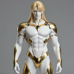 solo individual of the latest blond male beefcake by Sakimichan, porcelain white skin, gilded baroque obsidian cyberpunk bodysuit, voluptuous male, long curly light blond hair, long fluffy blond curly hair, wreathed in scintillating radiance flames of war, hyper detailed background, 4K, artstation
