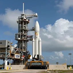 landscape photography by marc adamus, artemis moon rocket arrives at cape canaveral launch pad ahead of historic mission, dramatic lighting, clouds, beautiful