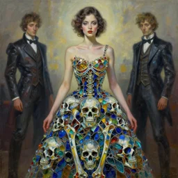 beautiful woman wearing a dress made from stained glass skulls in the design of a skull. painting by artgerm and greg rutkowski and ilya kuvshinov