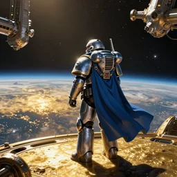 a warhammer marine in a flowing blue cloak looking out at the horizon of a planet from a space station in orbit, sci-fi, high detail, light reflections, gold, dramatic matte painting, style by syd mead, 8k, octane render, photorealistic, hyperrealism”