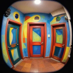 theatre access corridor background, 3 doors, fish eye, day of the tentacle, color, vibrant, cubism