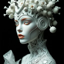 complex 3 d render hyper detailed ultra sharp close - up beautiful futuristic stunning biomechanical humanoid woman with porcelain ivory face, filigree lace, iris van herpen daisies colras cyberpunk haute couture headdress with rhizomorph finials spires, brackets, fractal embroidered puffballs, octane render, 8 k