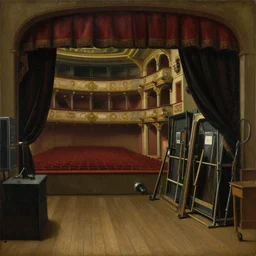 painting of a backstage area in an old theater, the auditorium is visible behind the curtain, theatre equipment, backside of scenography elements, wooden floor boards, gloomy lighting, oil painting, northern renaissance art, oil on canvas, wet - on - wet technique, realistic, intricate textures, illusionistic detail