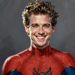 A paint with Andrew Garfield smiling in Spider-Man costume in the style of Andy Warho