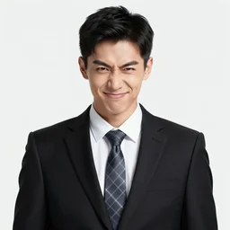 a guy in a black suit with a checkered tie giving a vile smirk at the camera in a black and white photo ( realistic, photo realistic, high detailed, great quality )