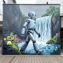graffiti mural, portrait of a robot walking through a waterfall, located on a boardwalk in tokyo japan, by frank frazetta, yoji shinkawa, james jean, banksy, beeple, stik, jeff koons, takashi murakami, gary baseman, jim lee, ryan ottley, quentin tarantino film, a 1 one, shepard fairey