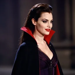 head and shoulder shot of a female vampire walking home at night, hard lighting, professional studio, smile, vibrant colors, fashion, sideview, inspired by dracula