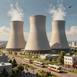 utopian nuclear power station in a peaceful city with trams, drones and crowds, in the style of Edwin La Dell, post-war