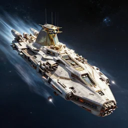 a massive egyptian battle ship evolved to become a futuristic dieselpunk spaceship with six thrusters in the back traveling through space by john.