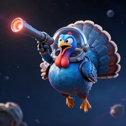digital concept art of a angry blue turkey flying in space, octane render, wearing a space helmet, with laser cannon on it's forehead, high quality, artstation
