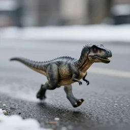 award winning photo by saul leiter of a tiny gray dinosaur running in the street, motion blur, tiny gaussian blur, insanely detailed, insanely intricate, depth of field, low contrast, snowy, wide aperture, action photography
