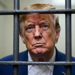 a close up shot of donald j trump in prison, award winning photography, steel iron bars'