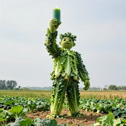 a big giant made of vegetables standing in a field holding a green candle above his head, photo realistic, realistic lighting s