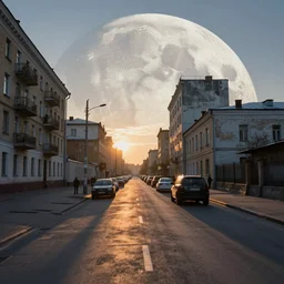 a Soviet city on the moon street photo, sunrise, long shadows, photorealistic, stunning, magnum photos 4k