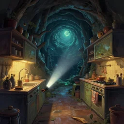 naive nerikomi, weird perspective, detailed illustration of a kitchen dim lit by flashlight in a scenic spiral environment by anton fadeev from lorax movie, trending artstation
