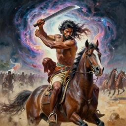 portrait of head and body, single bangla farmer fighting on hoseback, hand to hand combat with machete, wielding machete, full body view, long flowing hair, fighting for his life, nebula aura surrounding subject, horseback combat attacker foreground, background of invading army, nestor canavarro hyperrealist art style, sharp outlines