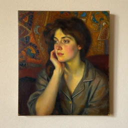 portrait in femininity, thoughtful face, warm glow, cozy room bathed in light, captured memory, recollection, impressionism, woven textiles, stucco wall, radiosity, pj crook, terrazzo, alphonse mucha, livia prima, artgerm, greg rutkowski, nick alm, casey baugh, deep color, oil on canvas